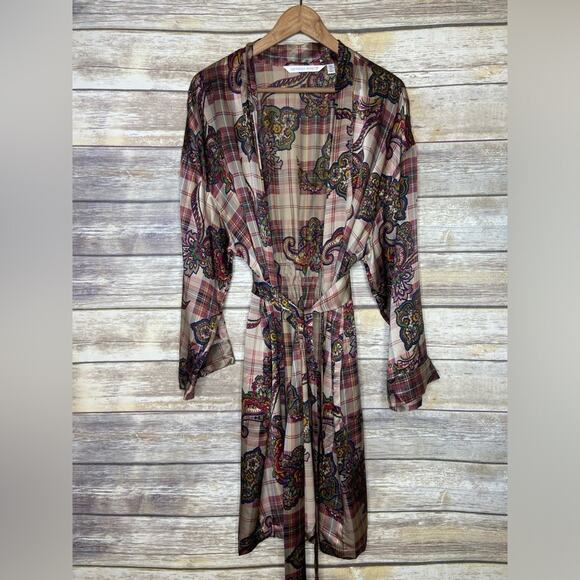 Victoria’s Secret M/L 100% silk floral plaid robe with attached belt - Picture 1 of 5